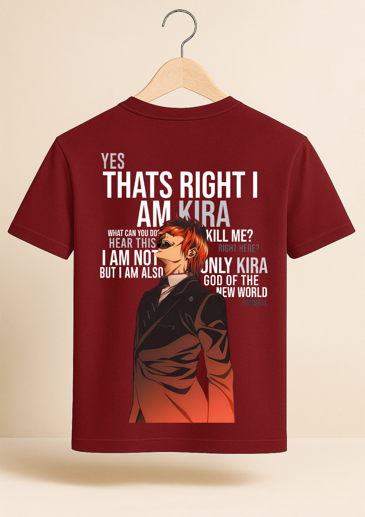 Maroon t-shirt with graphic design and text on a beige background